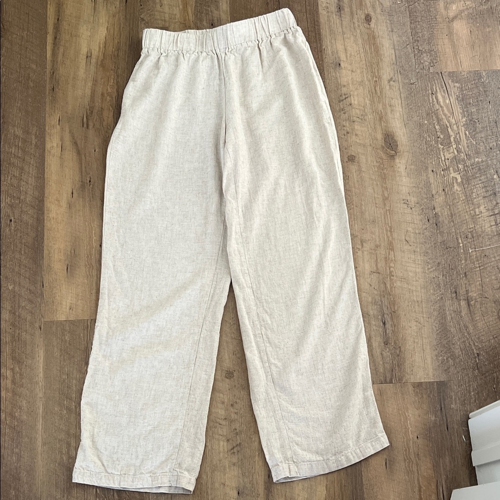 Cream Elastic-Waist Linen Blend Pants
